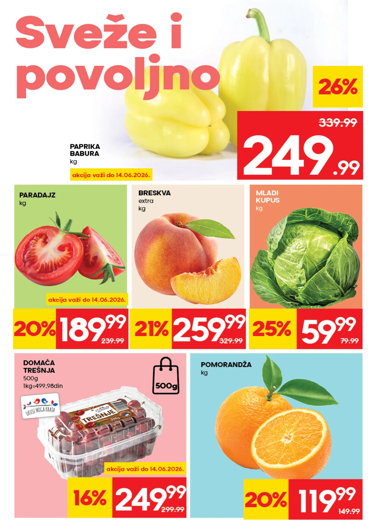 Roda katalog strana 2 – paprika, paradajz, breskve, kupus, trešnje i pomorandže na akciji