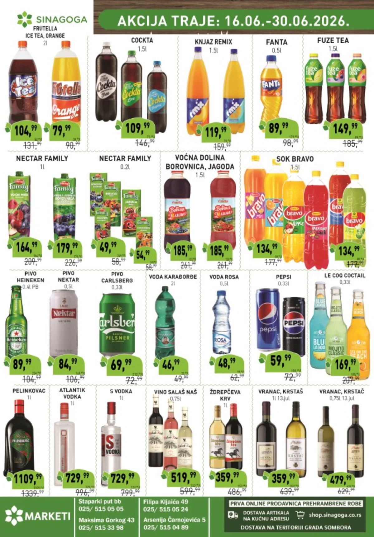 Sinagoga katalog pića – sokovi, gazirana pića, voda, pivo, vino i žestoka pića na akciji