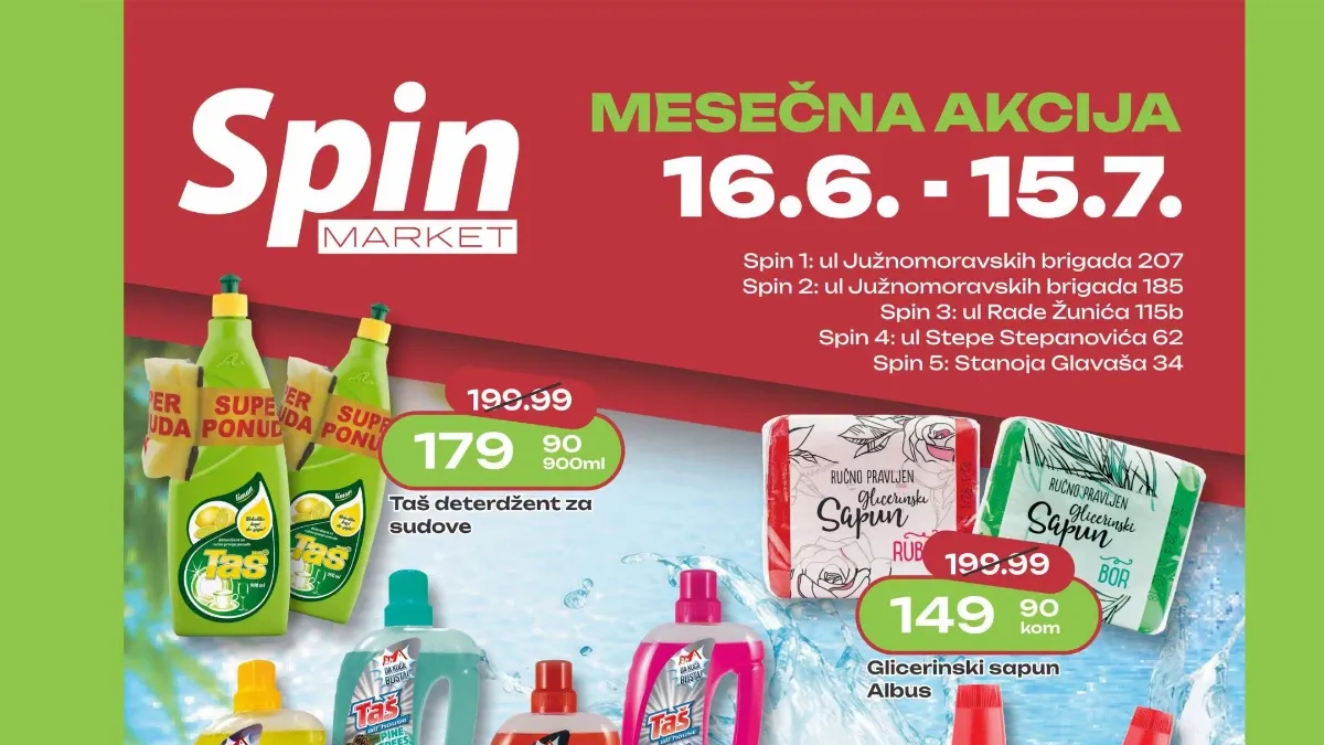 Spin Market mesečna akcija do 15.07.2026 uz snižene cene prehrane i proizvoda za domaćinstvo