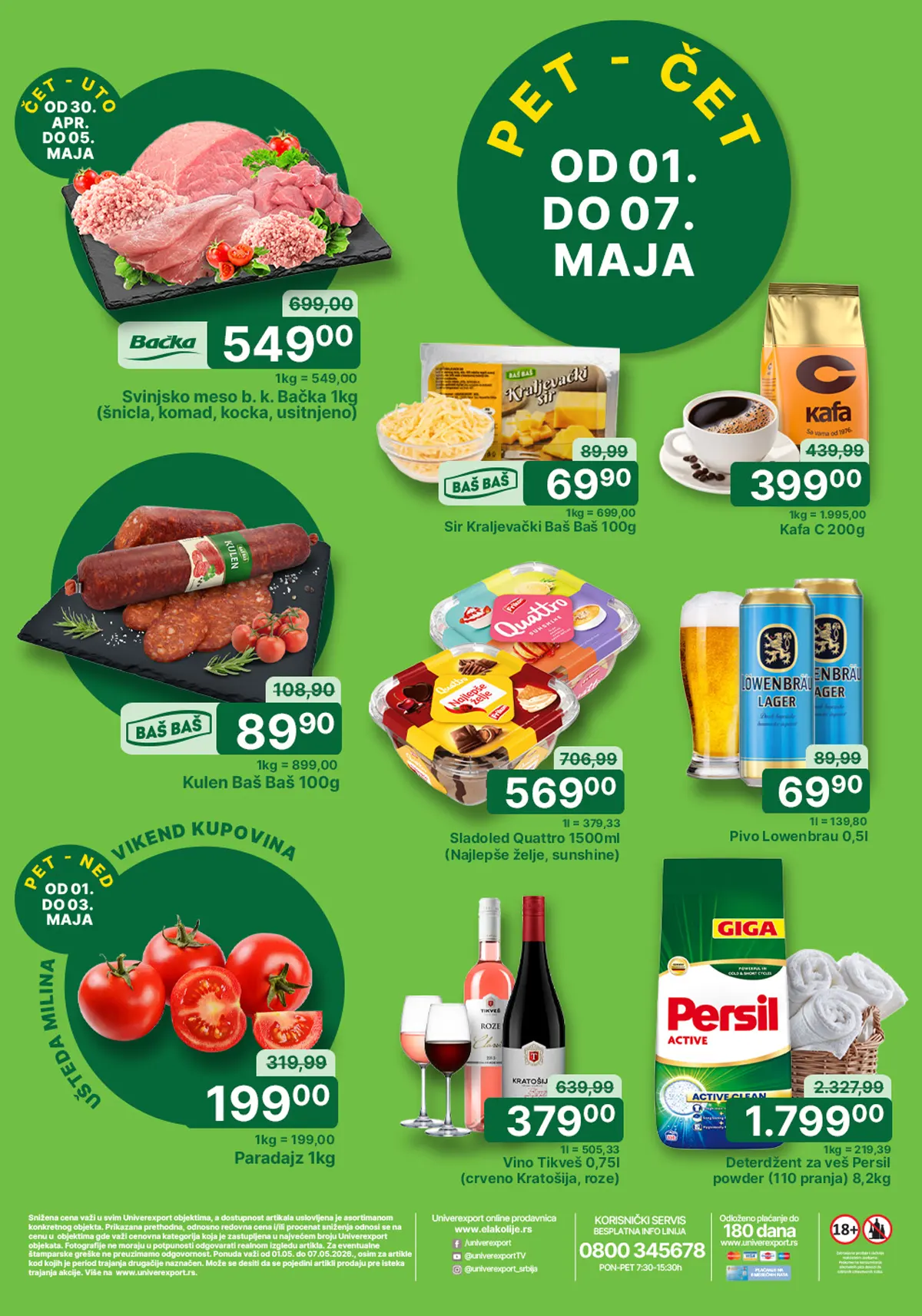 Univerexport akcija 01–07.05.2026 – meso 549 RSD, kafa 399 RSD i vikend ponude