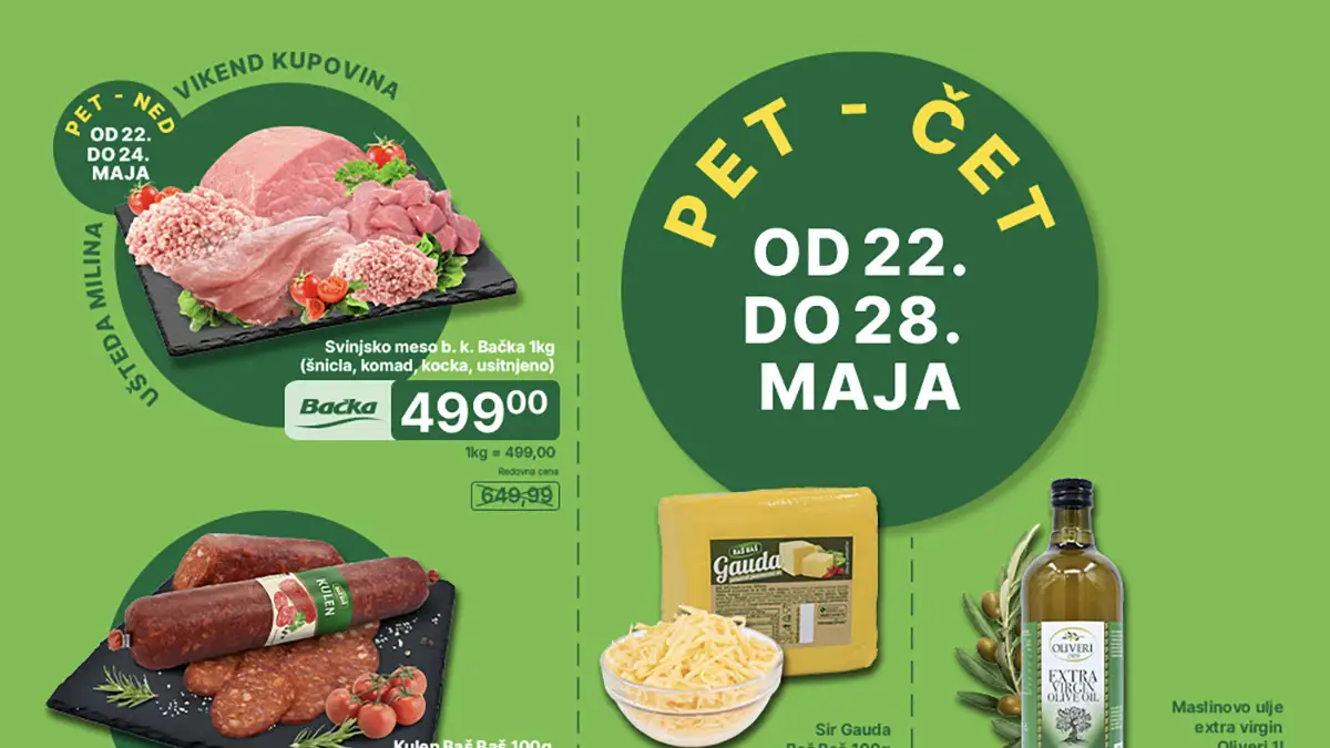 Univerexport akcija 22–28.05.2026 – svinjsko meso 499,99 din, Plazma 339 din i Ariel 1989 din