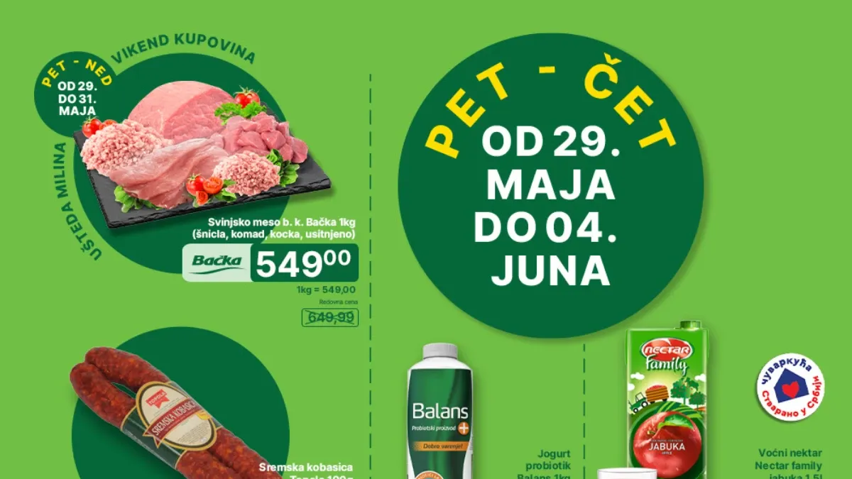 Univerexport akcija 29.05–04.06.2026 – svinjsko meso 549,99 din, Balans jogurt 149 din i Plazma 399 din