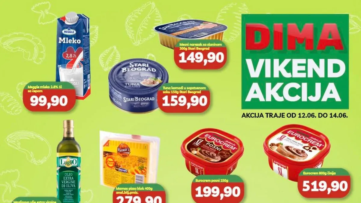 DIMA vikend akcija do 14.06.2026 – prehrana, slatkiši, kućna hemija i proizvodi za domaćinstvo po akcijskim cenama