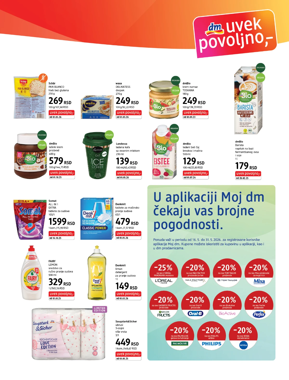 dm Uvek povoljno katalog strana 7 – zdrava hrana, dmBio proizvodi, deterdženti, tablete za sudove i kuhinjski ubrusi do 31.05.2026