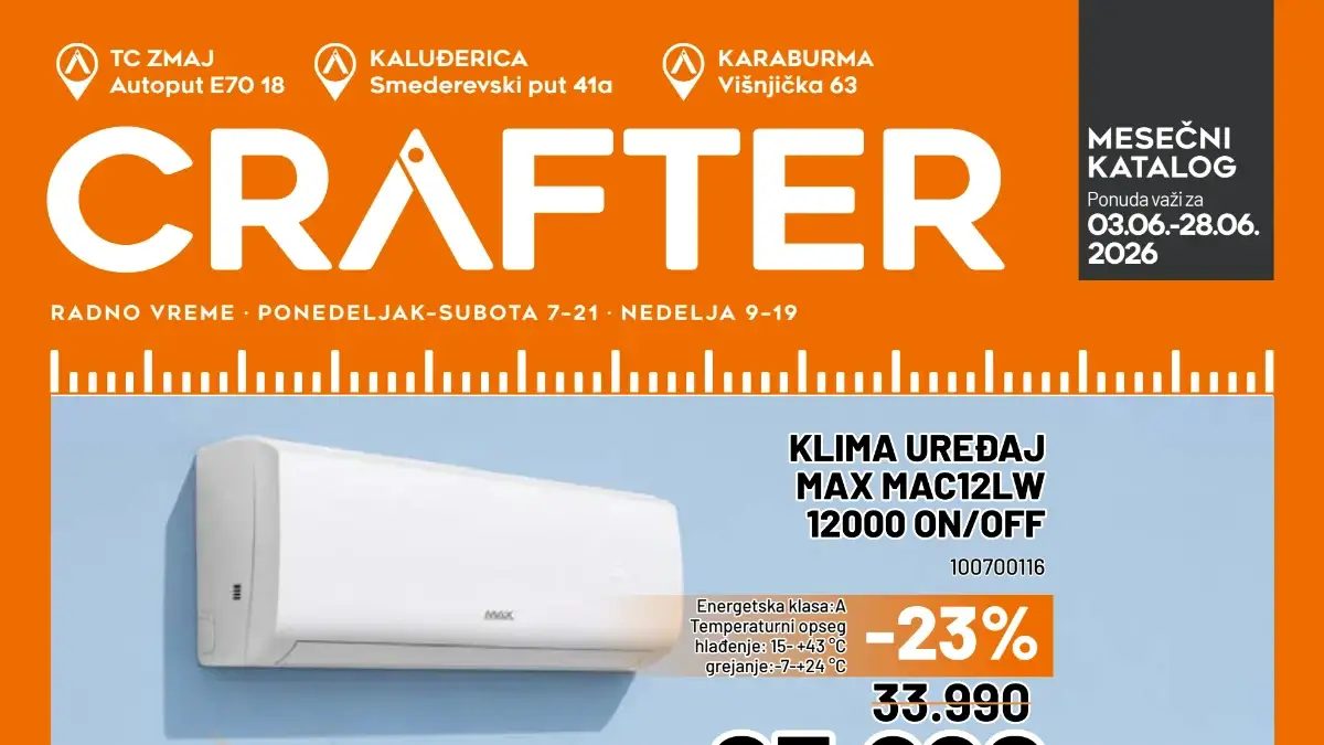 Crafter akcija do 26% popusta na klima uređaje, bazene i baštenski nameštaj do 28.06.2026